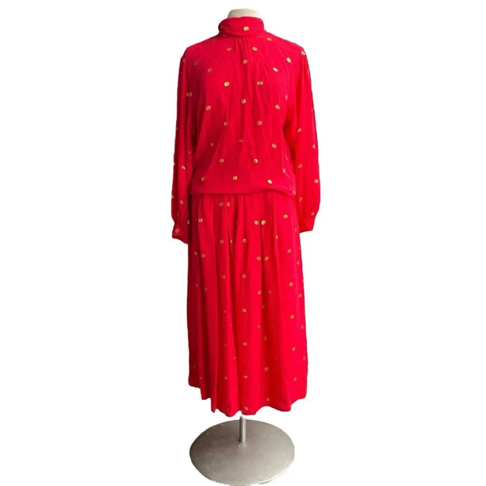 Vintage CARLISLE Silk Skirt Set Outfit Red Gold Metallic Polka Dot Pleat Sz 8 10